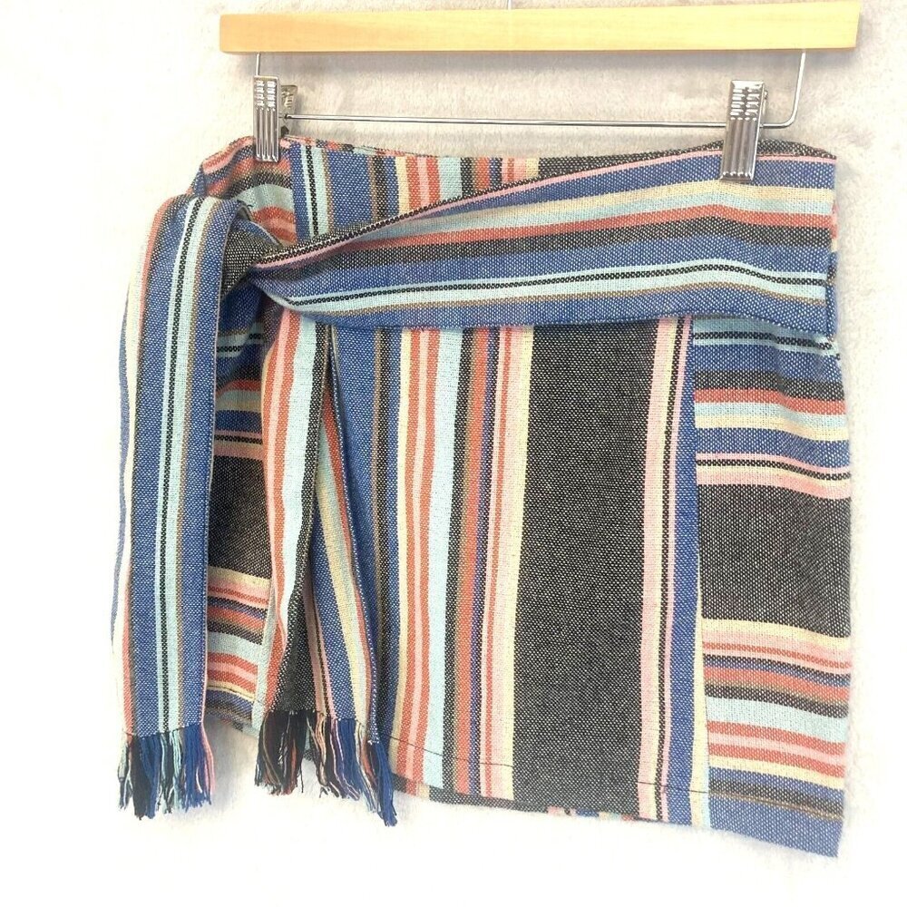 Guess Silas Woven Mini Skirt Womens Size 0 Striped Boho Multicolor Belted Fringe - Picture 3 of 9